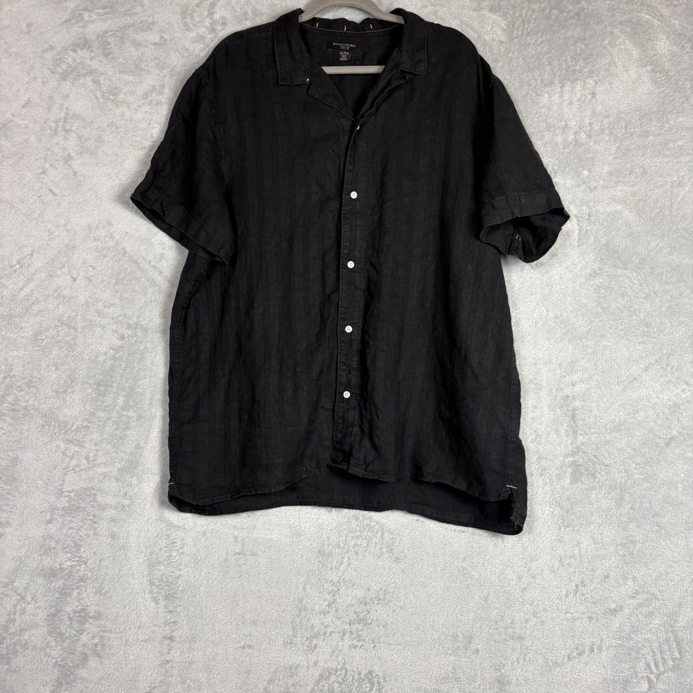 Banana Republic Linen Button Down Shirt XL Mens Black 100% Short Sleeve Striped